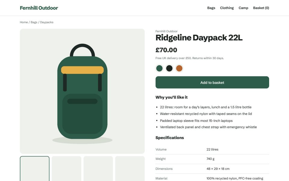 A product page for a backpack saved as a PDF, with the cookie bar removed